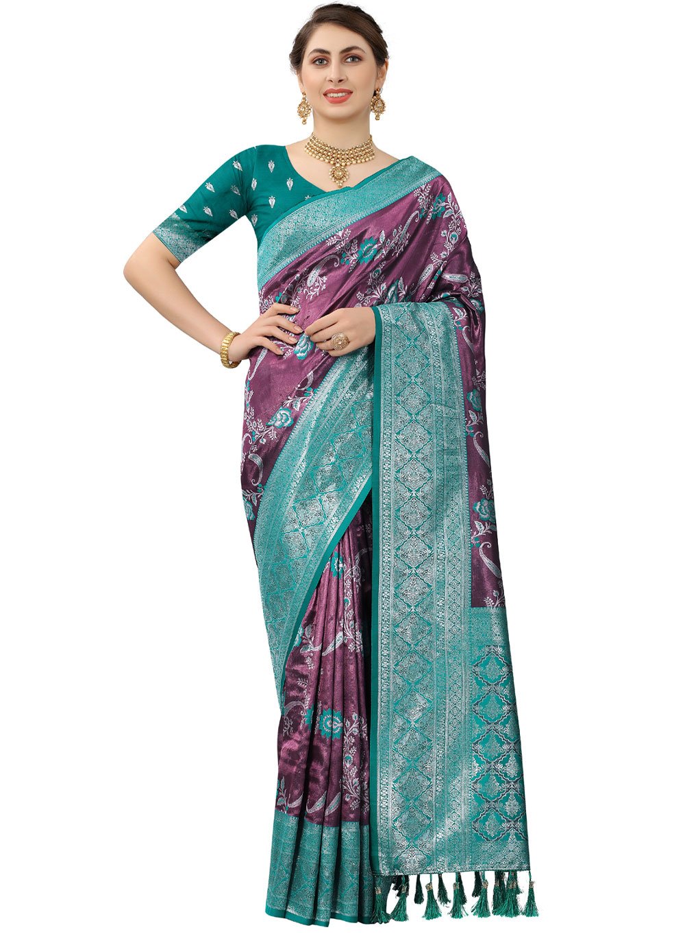 Classic Kanjivaram Silk Aqua Blue Purple Weaving Saree