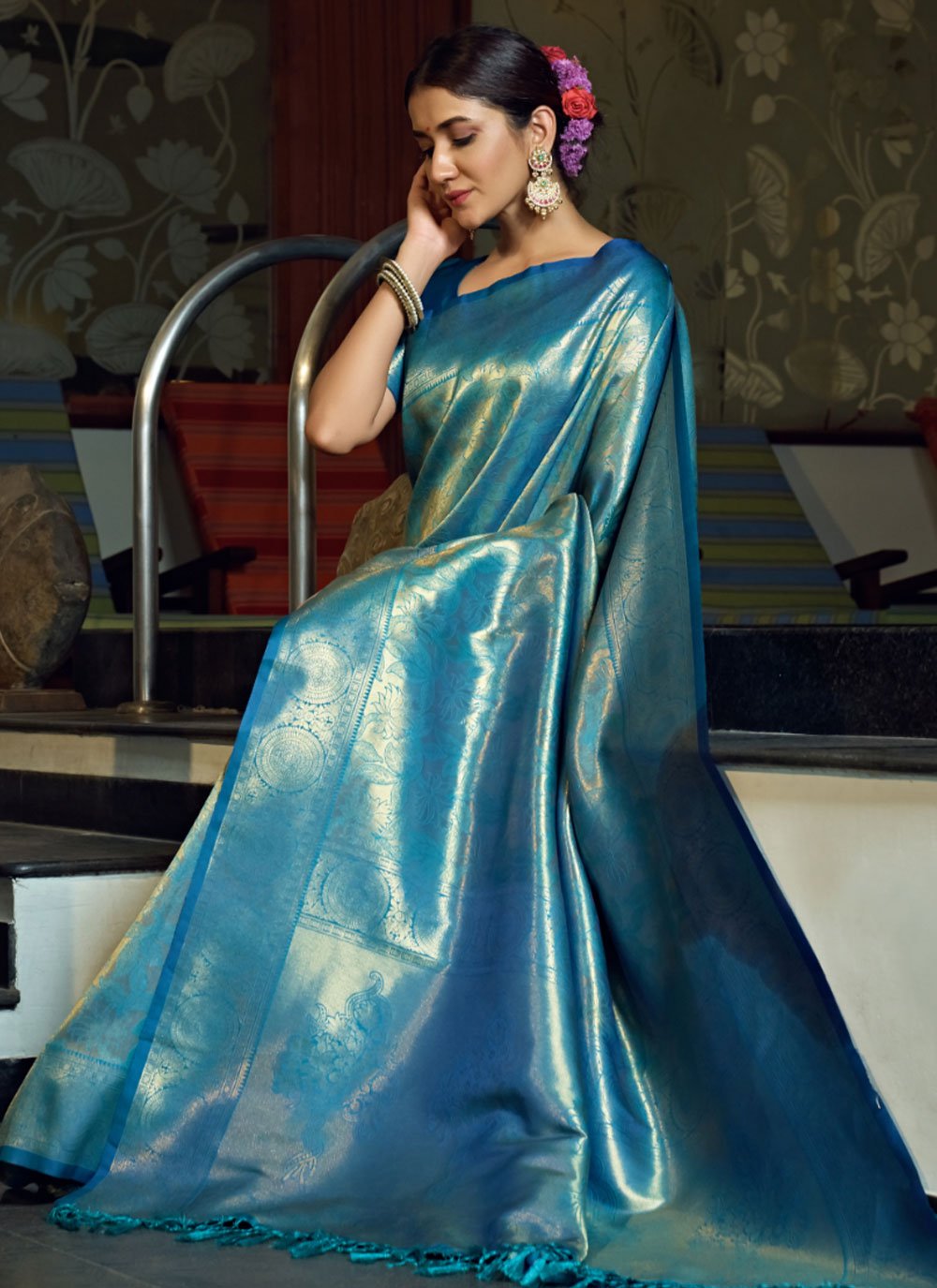 Classic Kanjivaram Silk Aqua Blue Weaving Saree