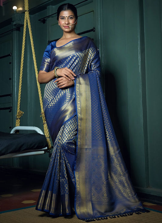 Classic Kanjivaram Silk Blue Weaving Saree