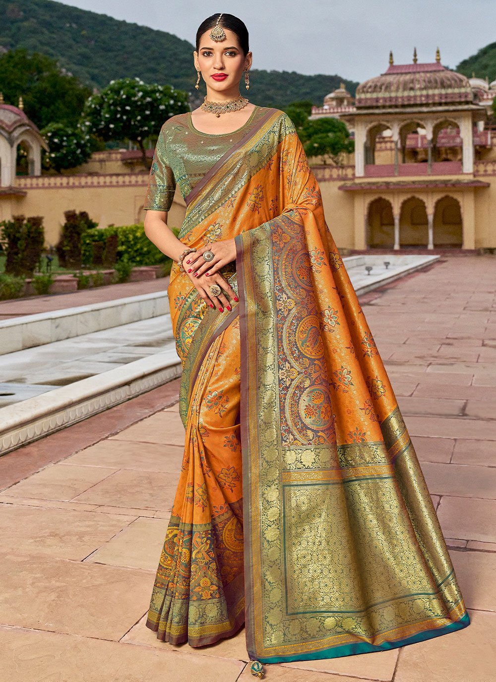 Contemporary Kanjivaram Silk Orange Weaving Saree