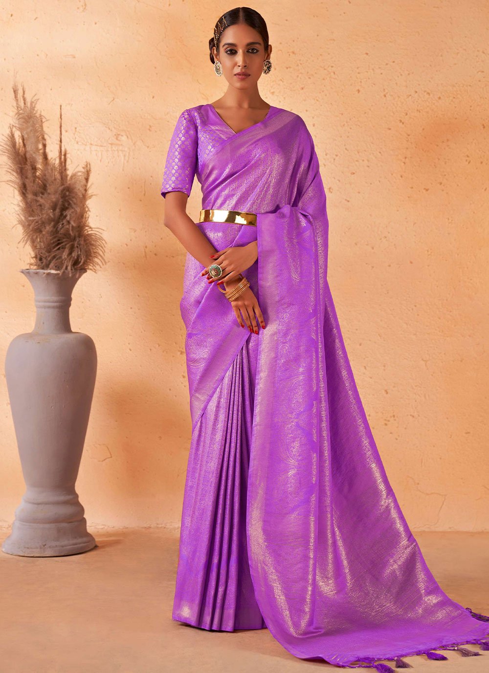 Contemporary Kanjivaram Silk Violet Weaving Saree