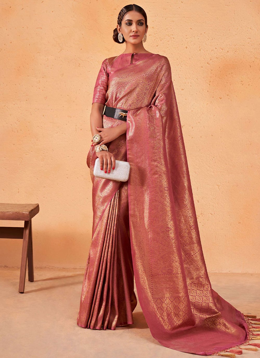 Contemporary Kanjivaram Silk Pink Weaving Saree