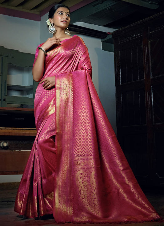 Contemporary Kanjivaram Silk Pink Weaving Saree