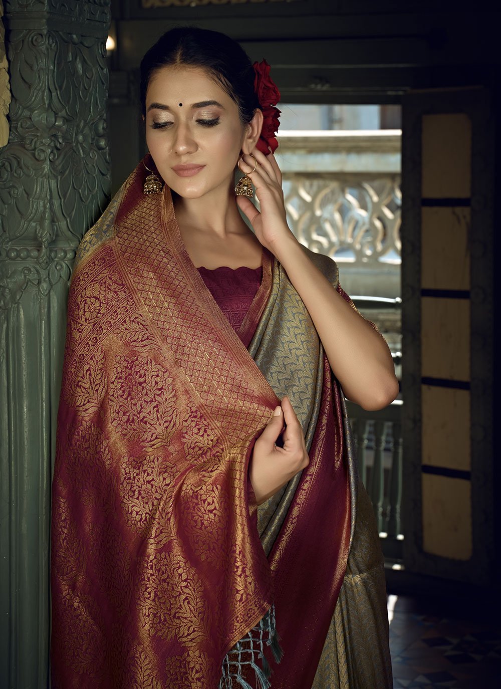 Traditional Saree Kanjivaram Silk Grey Weaving Saree