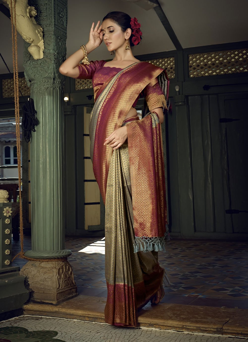 Traditional Saree Kanjivaram Silk Grey Weaving Saree