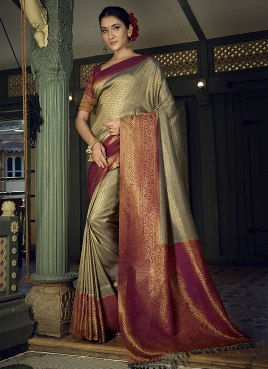 Traditional Saree Kanjivaram Silk Grey Weaving Saree