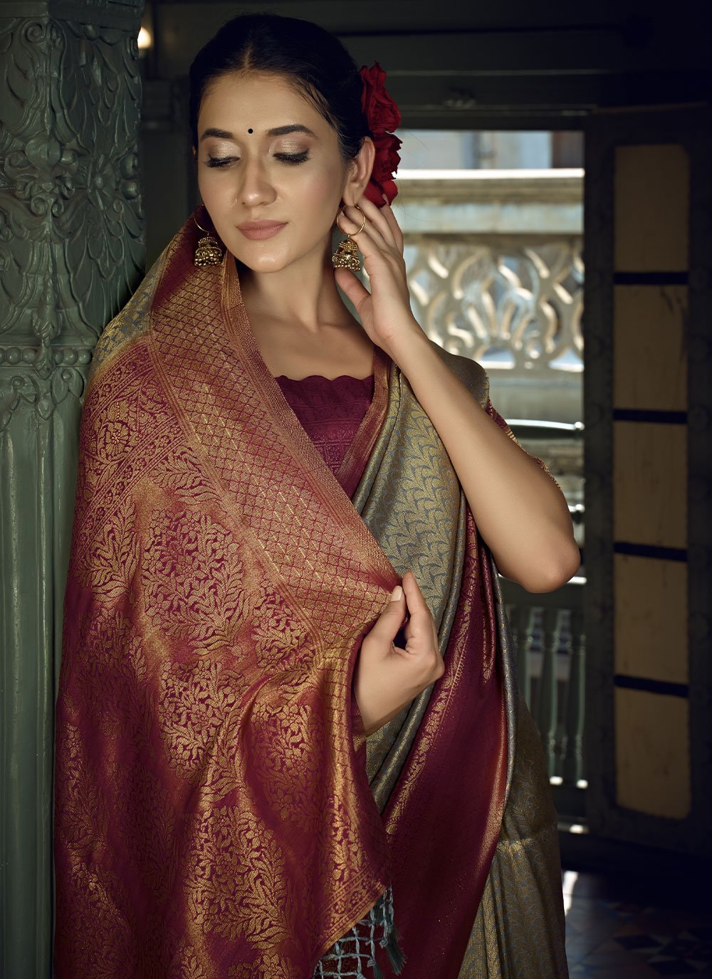 Traditional Saree Kanjivaram Silk Grey Weaving Saree