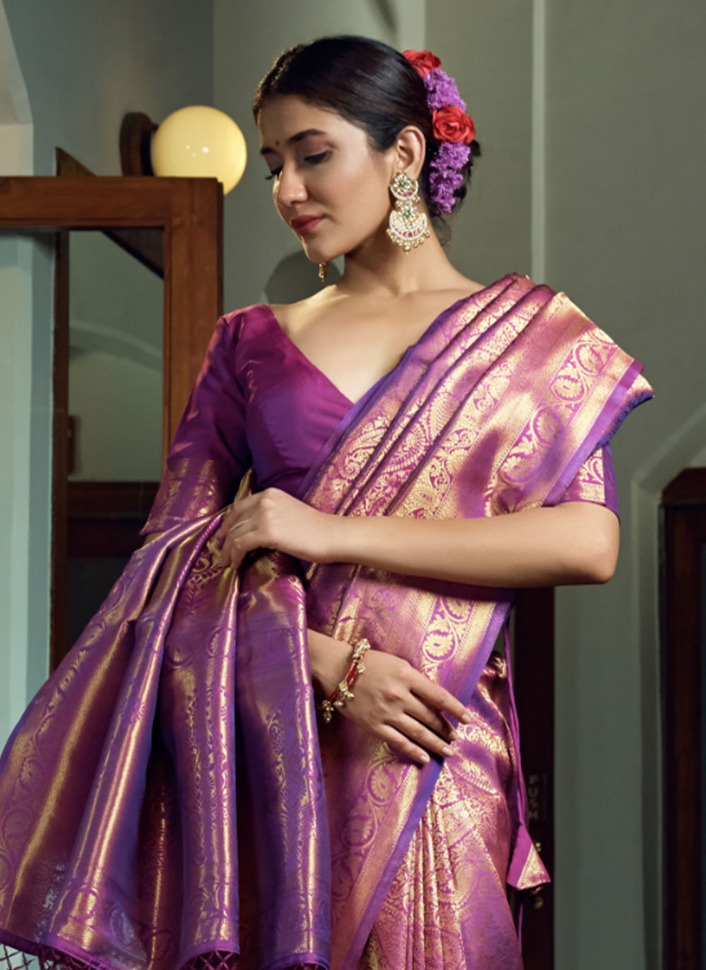 Trendy Saree Kanjivaram Silk Purple Weaving Saree