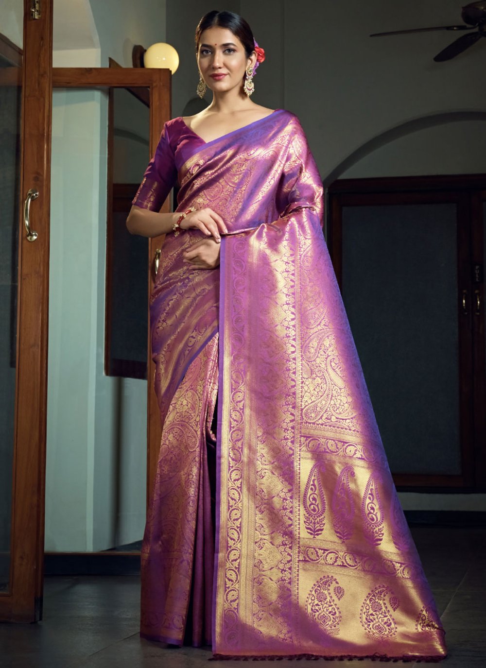 Trendy Saree Kanjivaram Silk Purple Weaving Saree