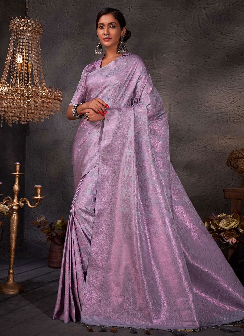 Contemporary Kanjivaram Silk Lavender Weaving Saree