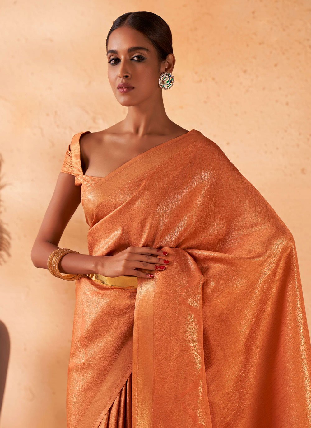 Classic Kanjivaram Silk Orange Weaving Saree