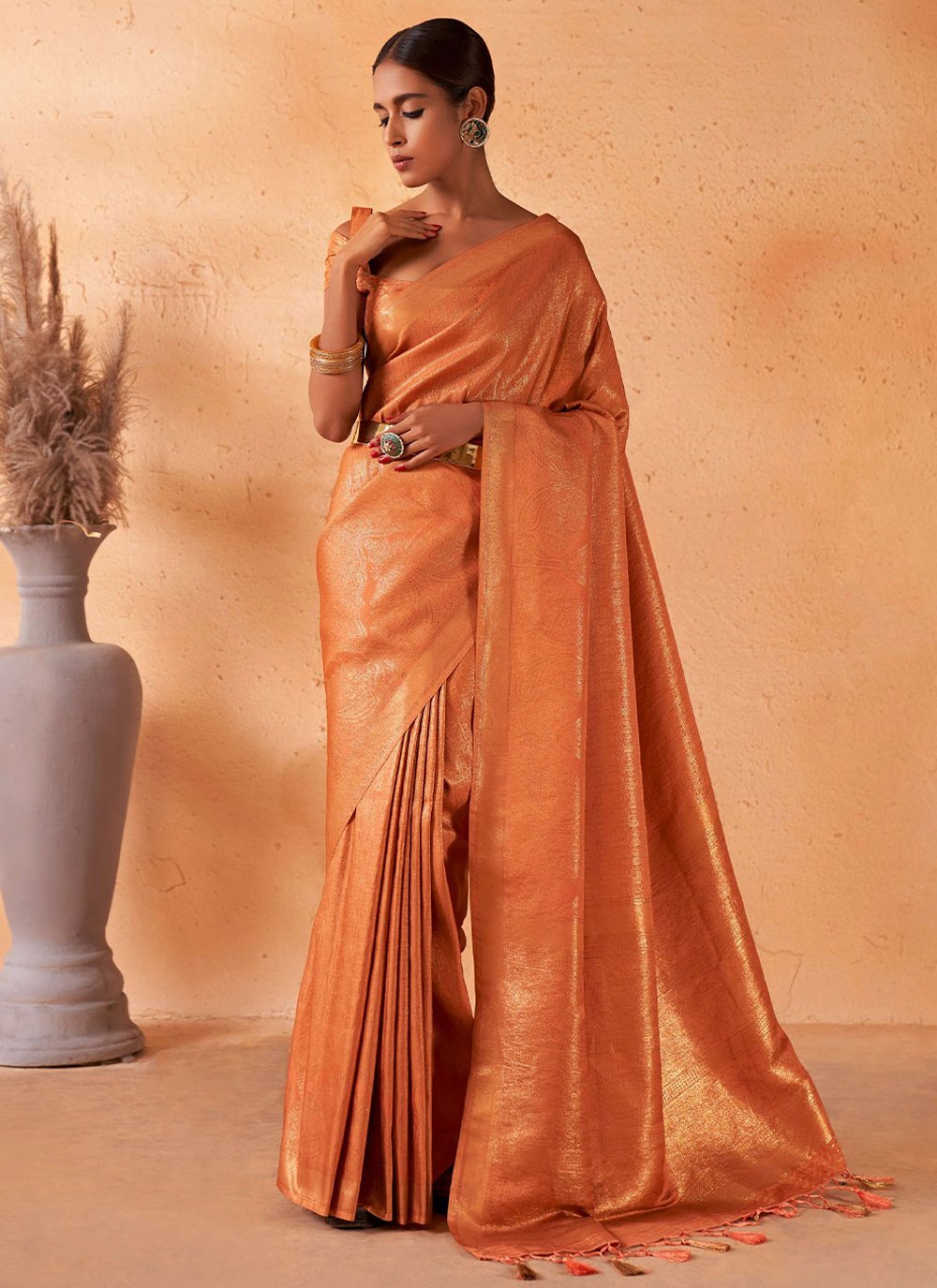 Classic Kanjivaram Silk Orange Weaving Saree