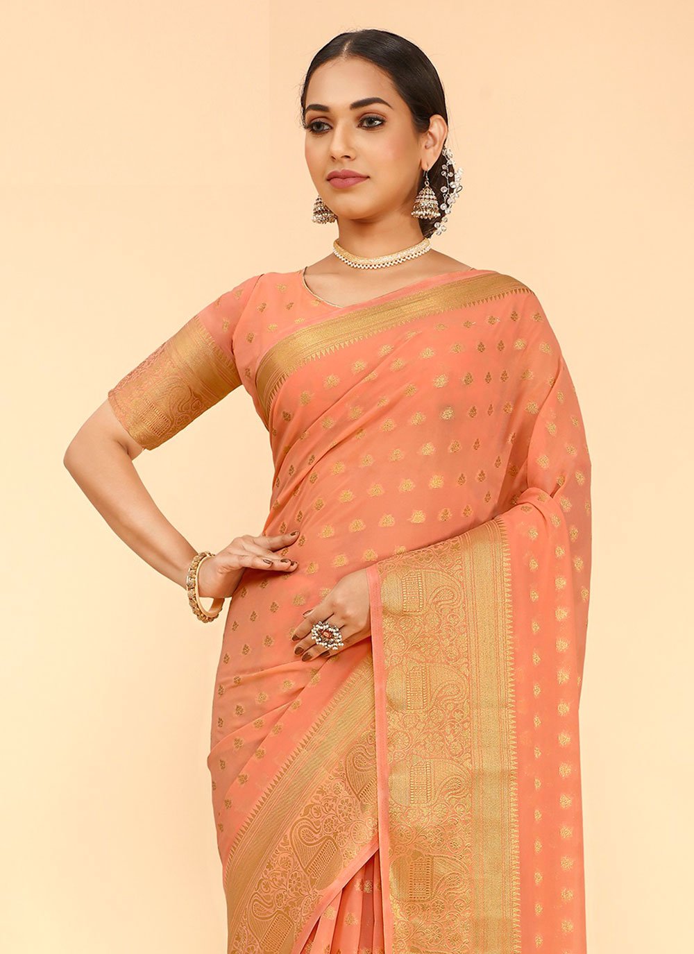 Classic Georgette Kanjivaram Silk Peach Patch Border Saree