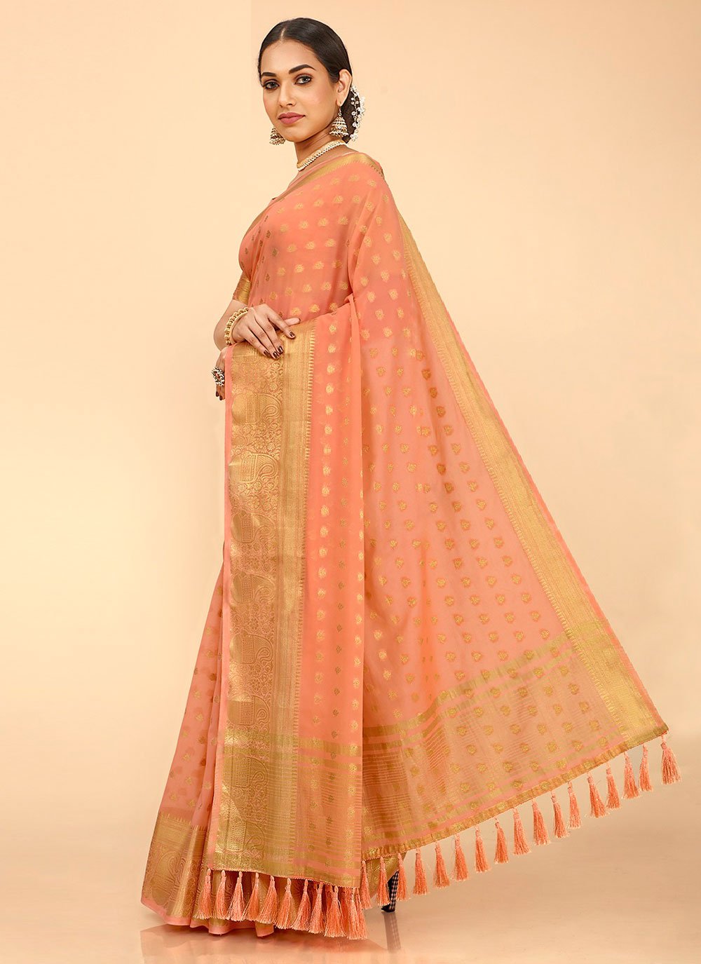 Classic Georgette Kanjivaram Silk Peach Patch Border Saree