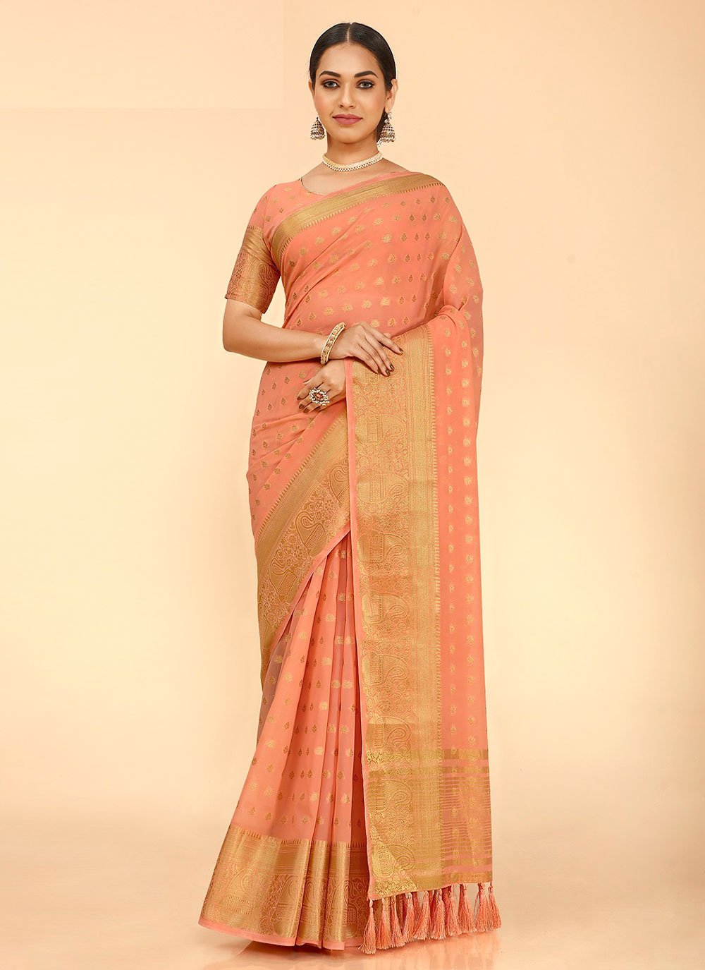 Classic Georgette Kanjivaram Silk Peach Patch Border Saree