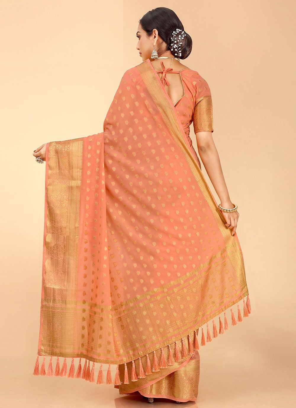 Classic Georgette Kanjivaram Silk Peach Patch Border Saree