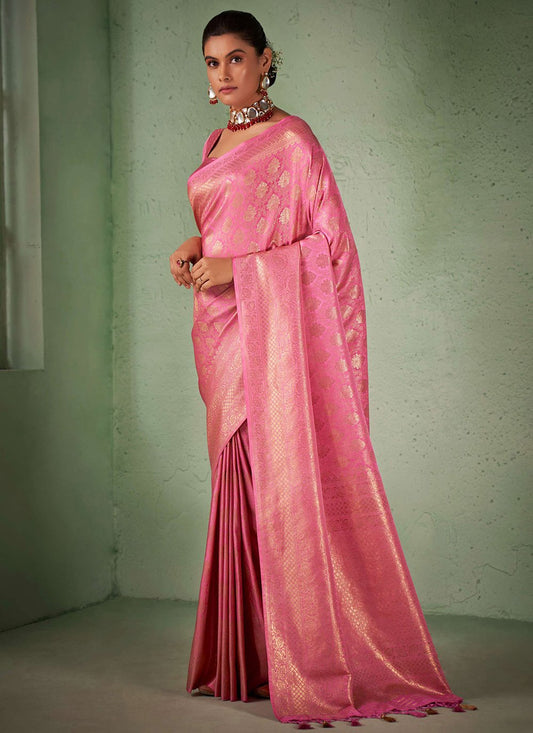 Contemporary Kanjivaram Silk Pink Weaving Saree