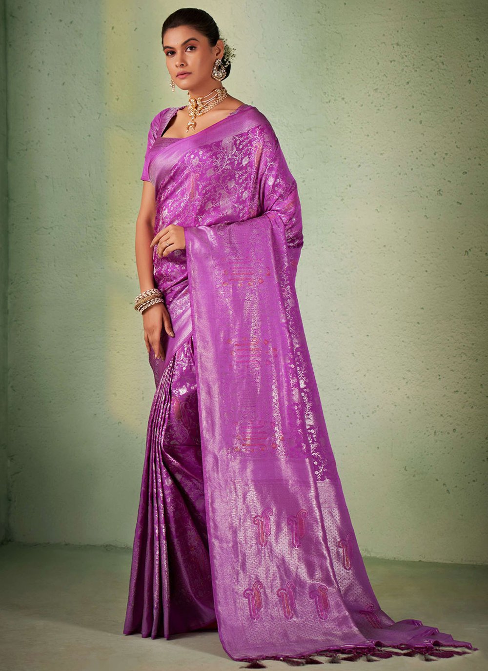 Trendy Saree Kanjivaram Silk Purple Weaving Saree