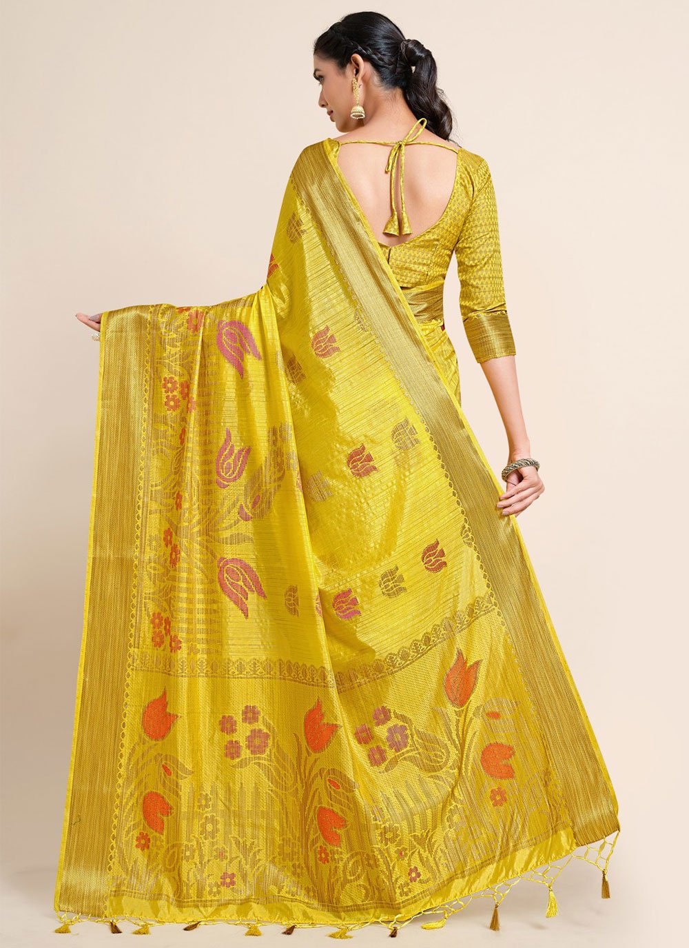 Contemporary Kanjivaram Silk Yellow Zari Saree