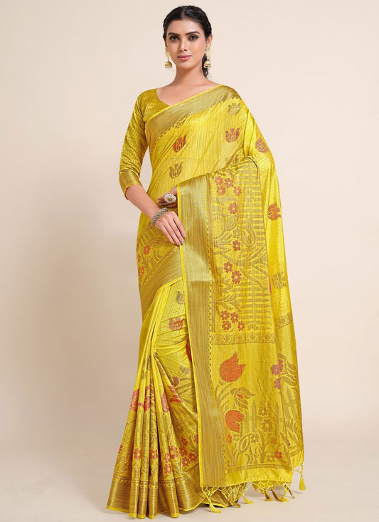 Contemporary Kanjivaram Silk Yellow Zari Saree