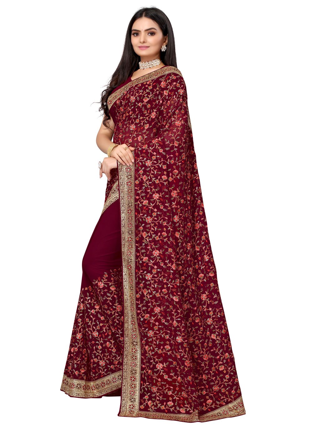 Classic Georgette Maroon Embroidered Saree