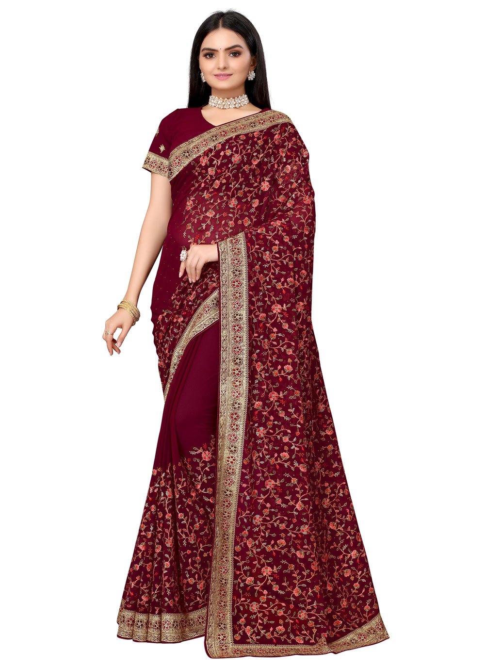 Classic Georgette Maroon Embroidered Saree