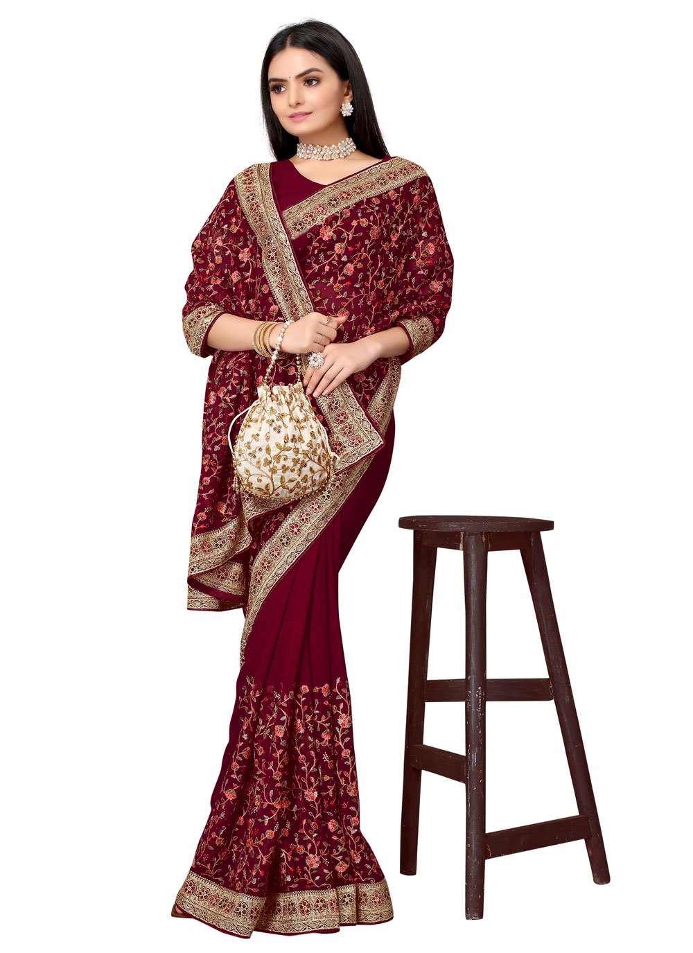 Classic Georgette Maroon Embroidered Saree