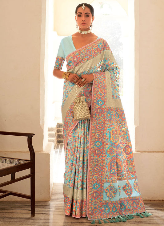 Contemporary Pashmina Aqua Blue Kashmiri Saree