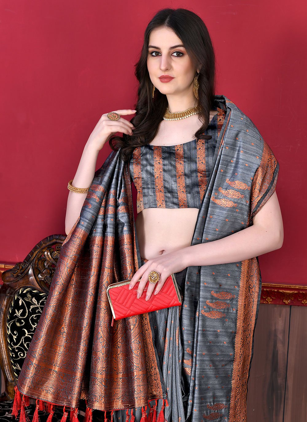 Contemporary Katan Silk Grey Patch Border Saree