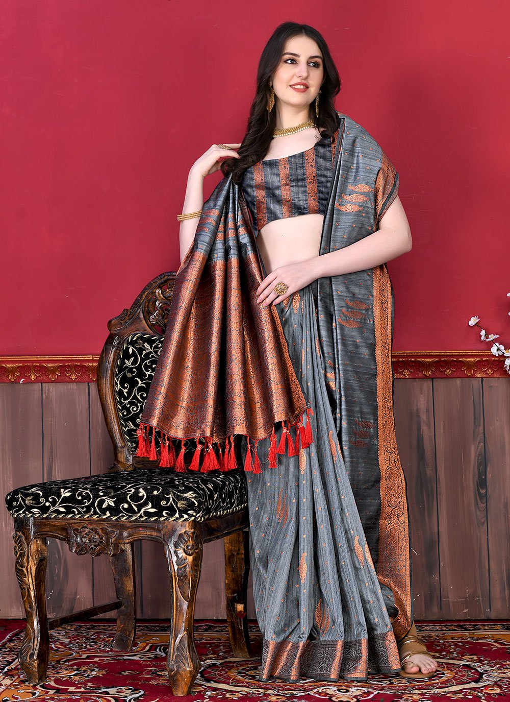 Contemporary Katan Silk Grey Patch Border Saree