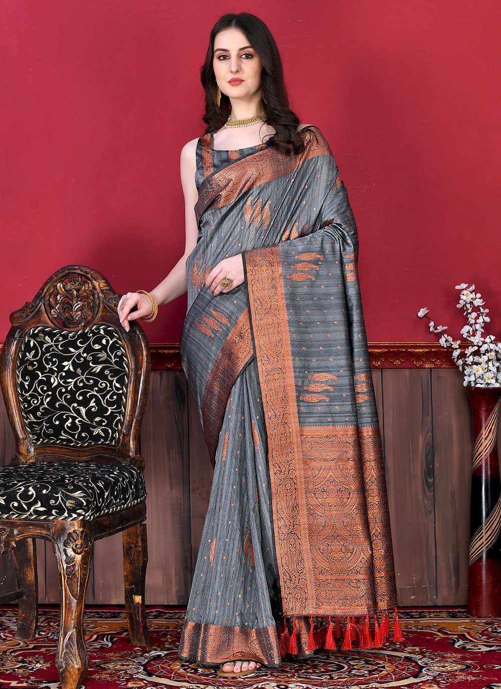 Contemporary Katan Silk Grey Patch Border Saree