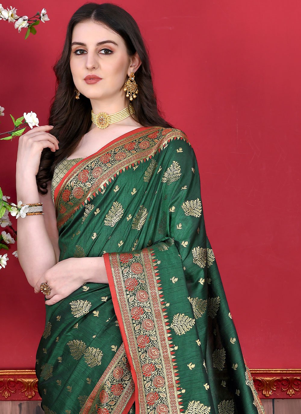 Classic Katan Silk Green Patch Border Saree