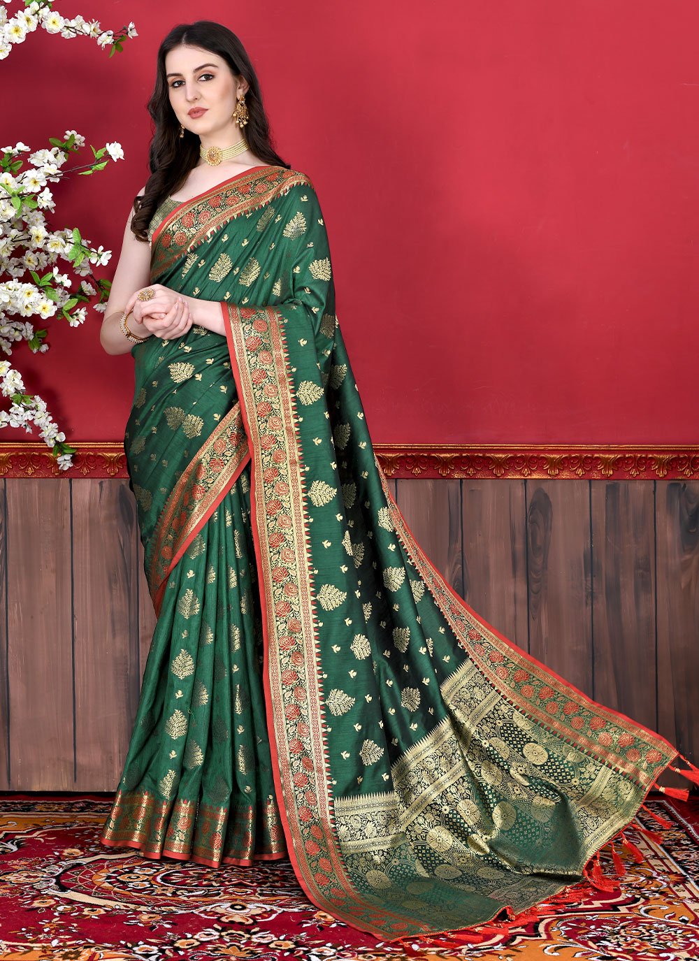 Classic Katan Silk Green Patch Border Saree