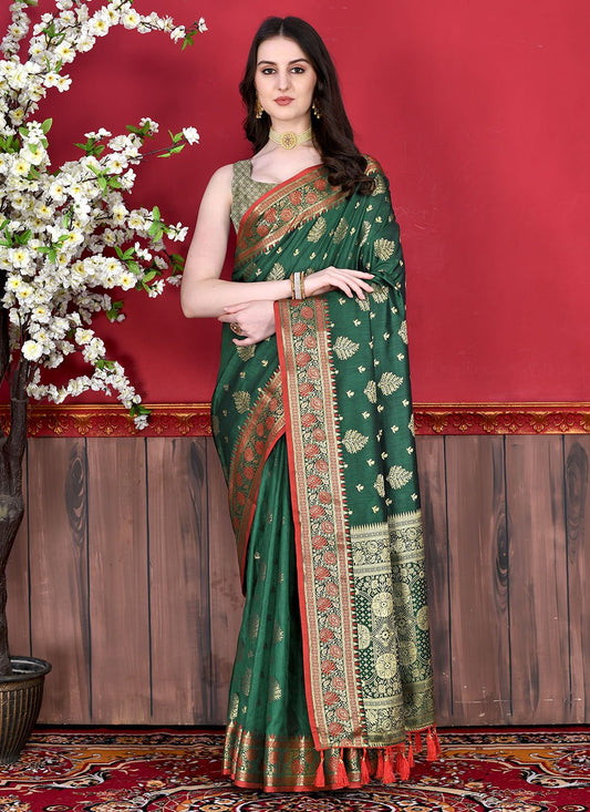 Classic Katan Silk Green Patch Border Saree