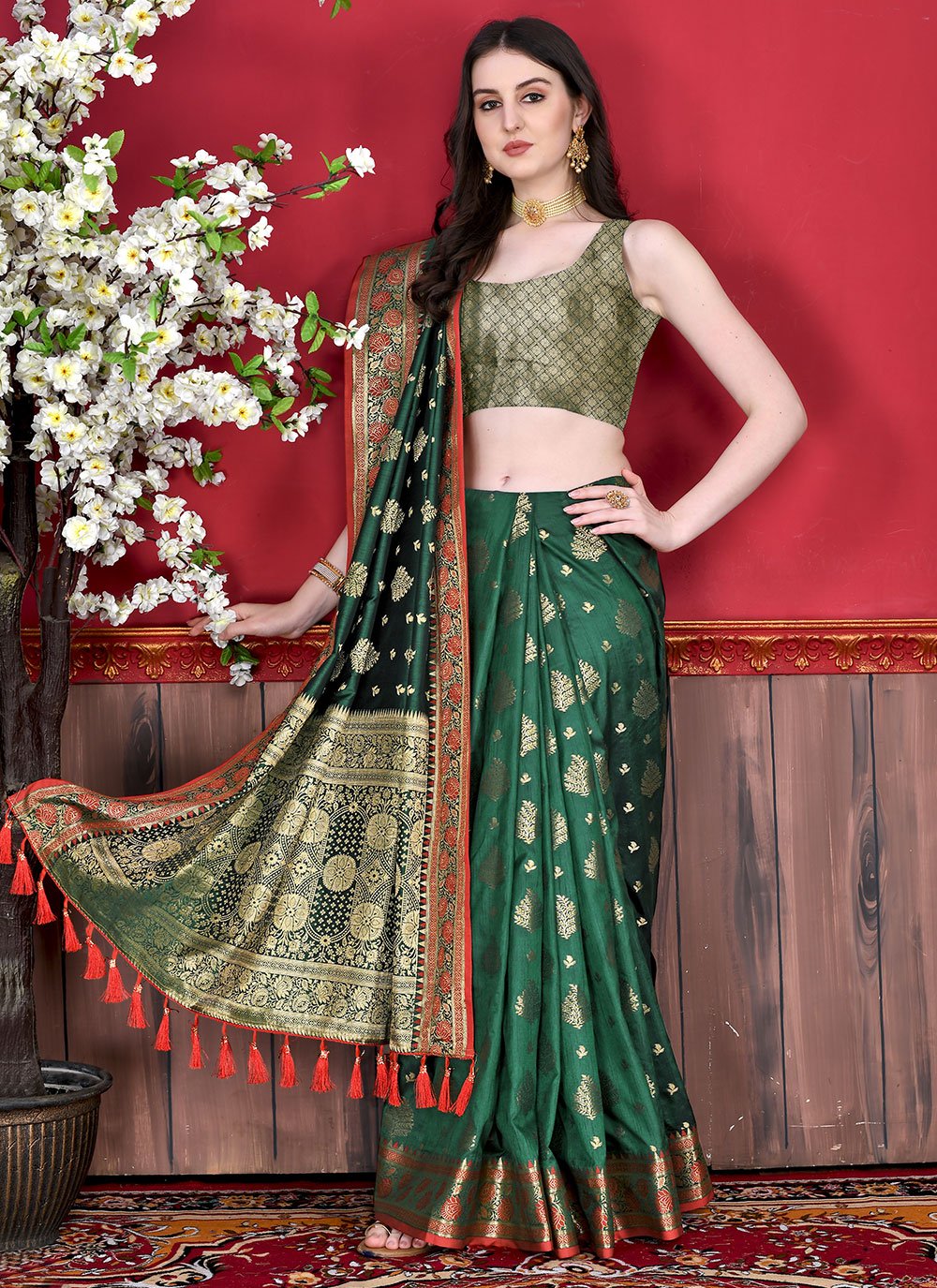 Classic Katan Silk Green Patch Border Saree