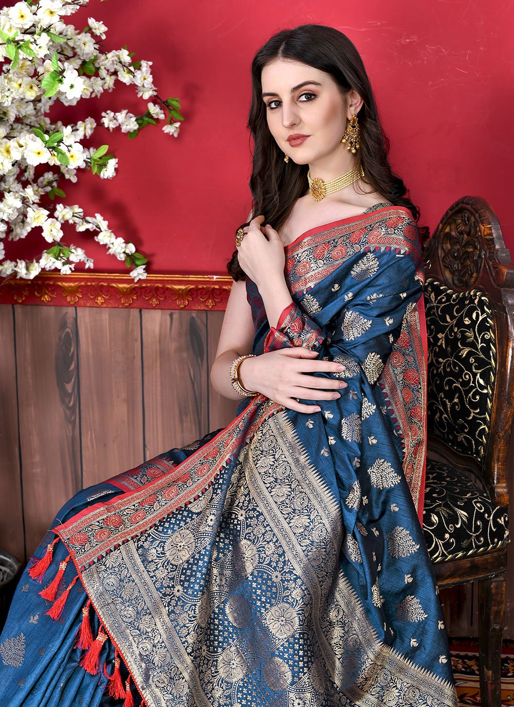 Classic Katan Silk Blue Patch Border Saree