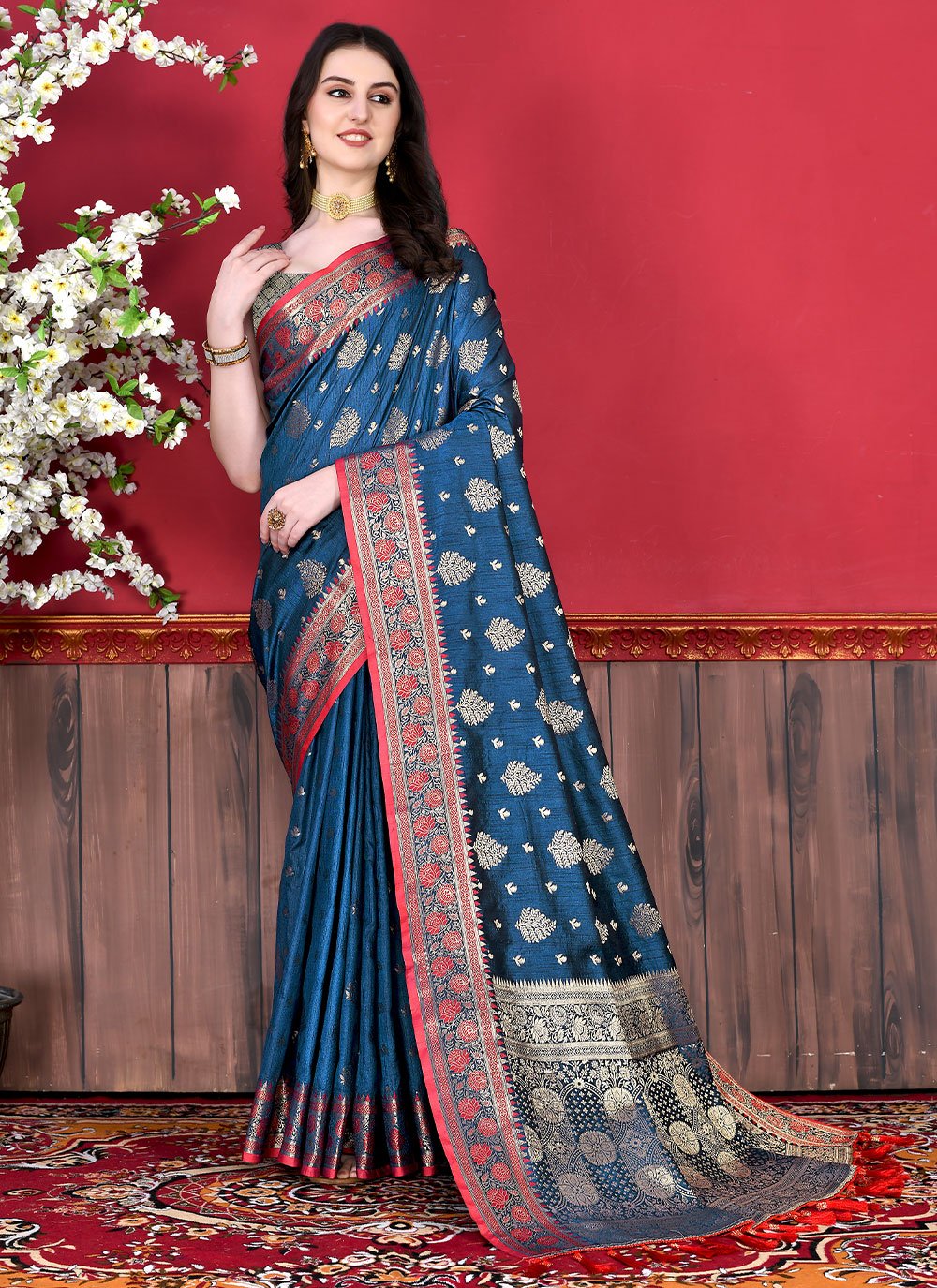 Classic Katan Silk Blue Patch Border Saree