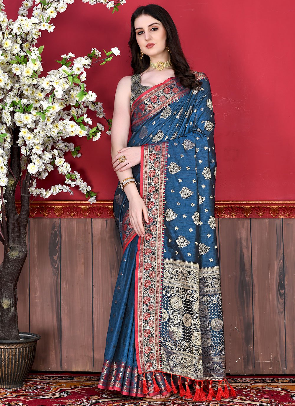 Classic Katan Silk Blue Patch Border Saree