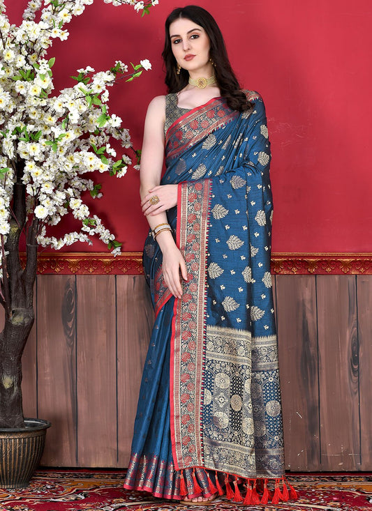 Classic Katan Silk Blue Patch Border Saree