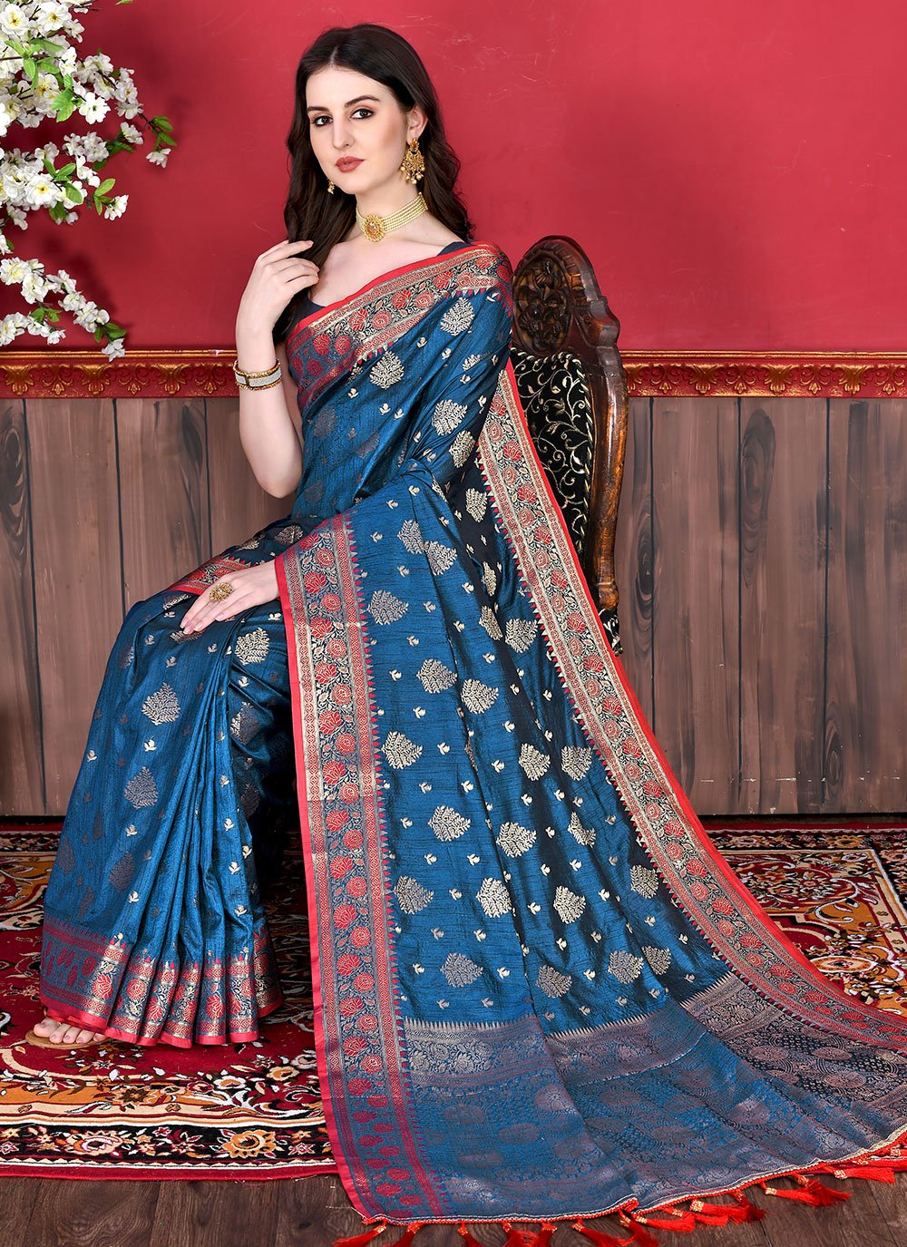 Classic Katan Silk Blue Patch Border Saree