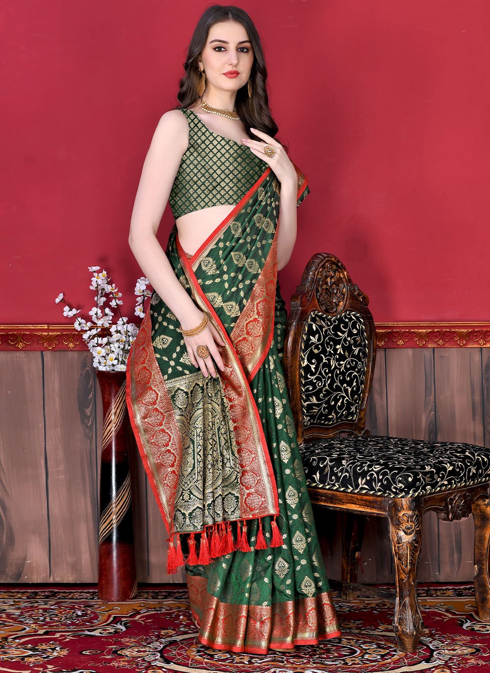 Trendy Saree Katan Silk Green Patch Border Saree