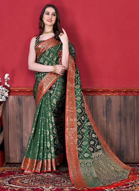 Trendy Saree Katan Silk Green Patch Border Saree