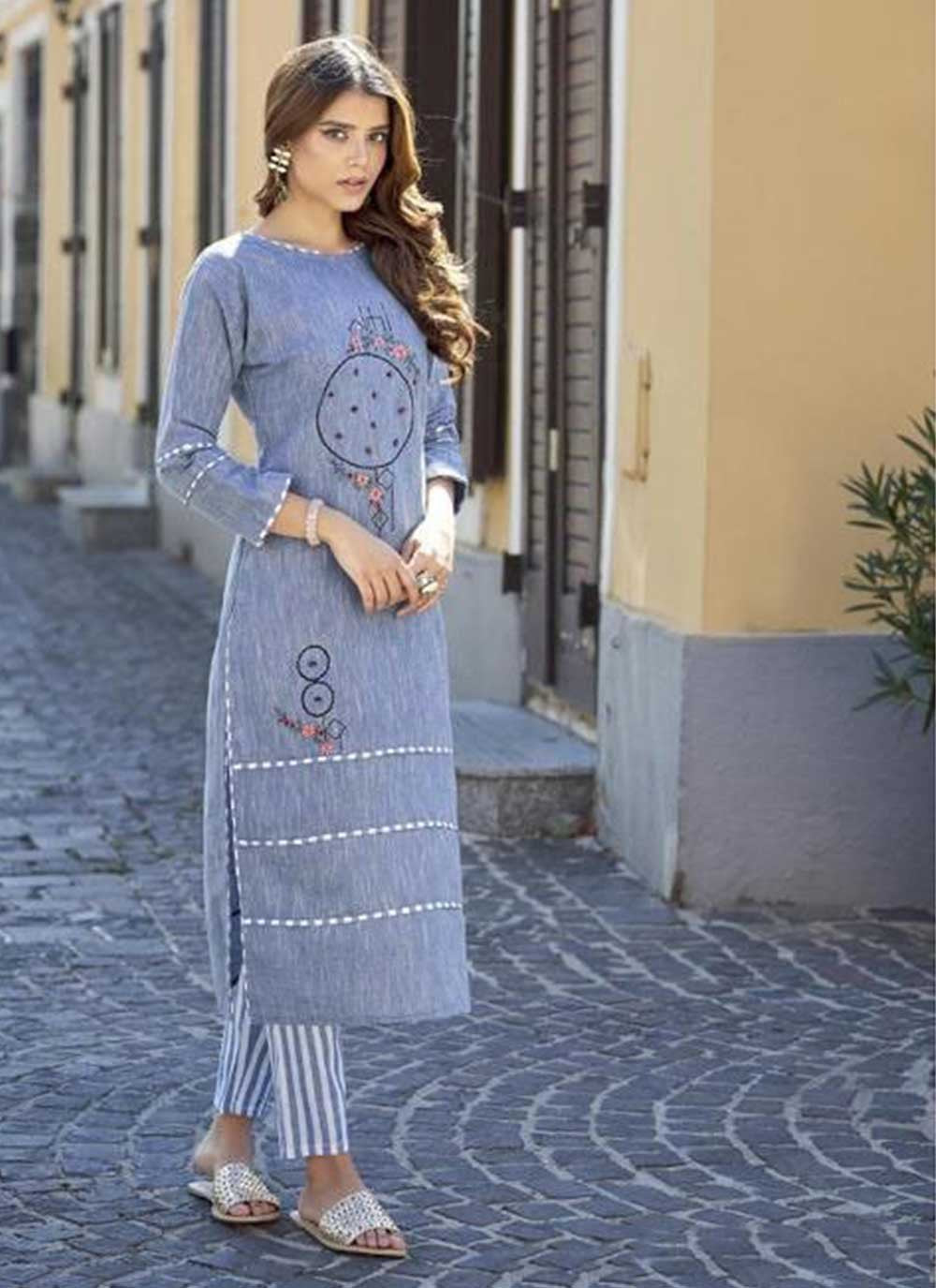 Designer Kurti Cotton Khadi Grey Embroidered Kurtis