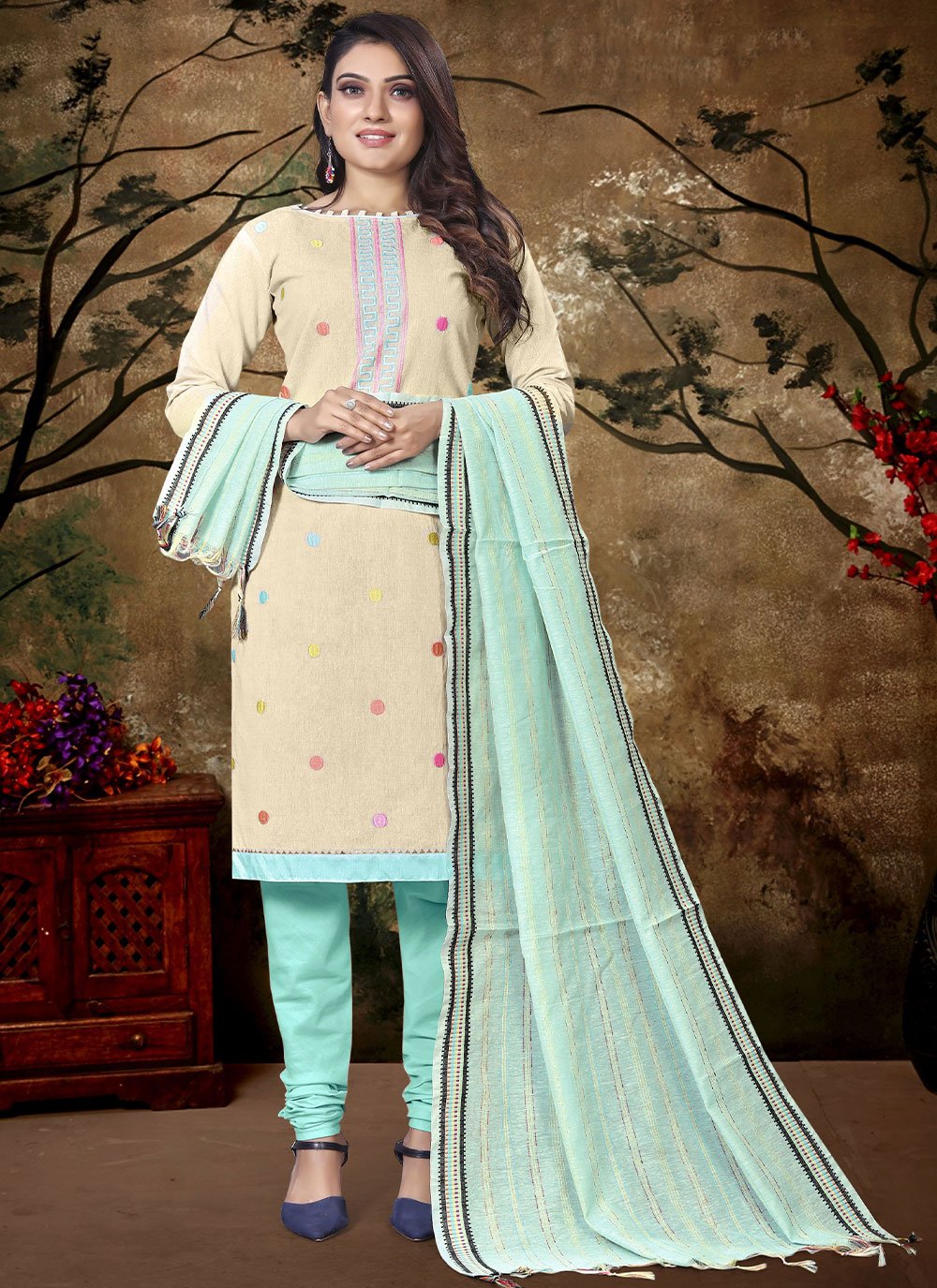 Salwar Suit Cotton Khadi Off White Embroidered Salwar Kameez