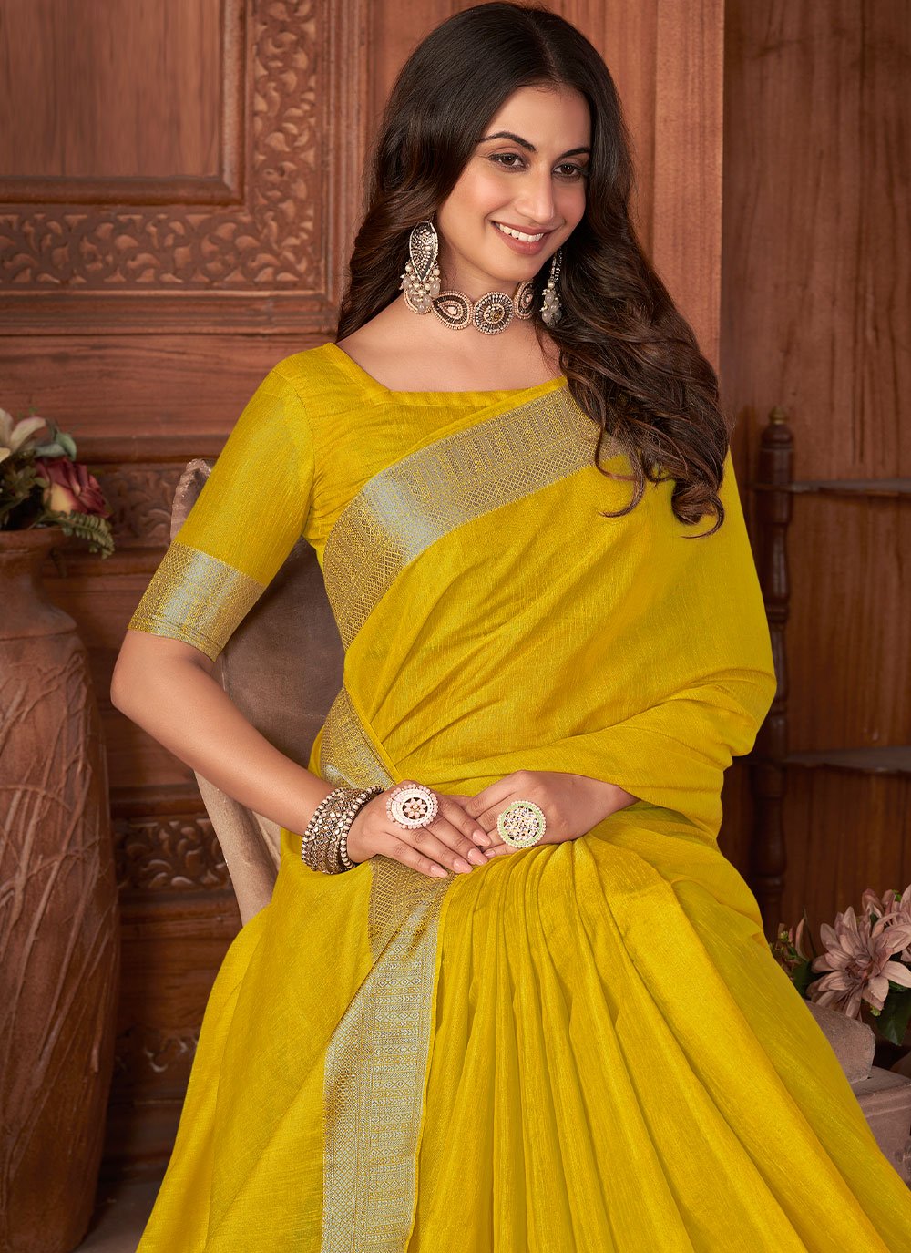 Contemporary Khadi Silk Linen Yellow Woven Saree