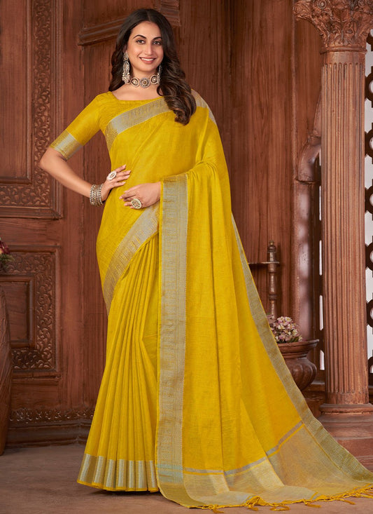 Contemporary Khadi Silk Linen Yellow Woven Saree