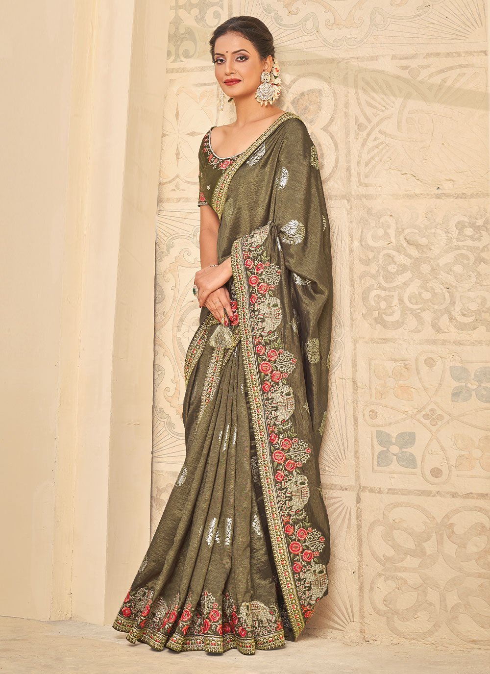 Classic Khadi Silk Green Embroidered Saree