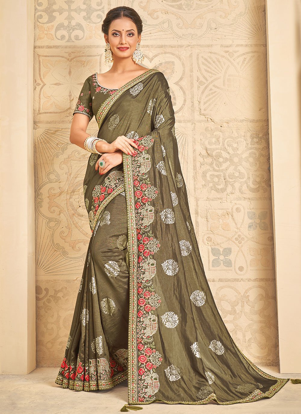 Classic Khadi Silk Green Embroidered Saree