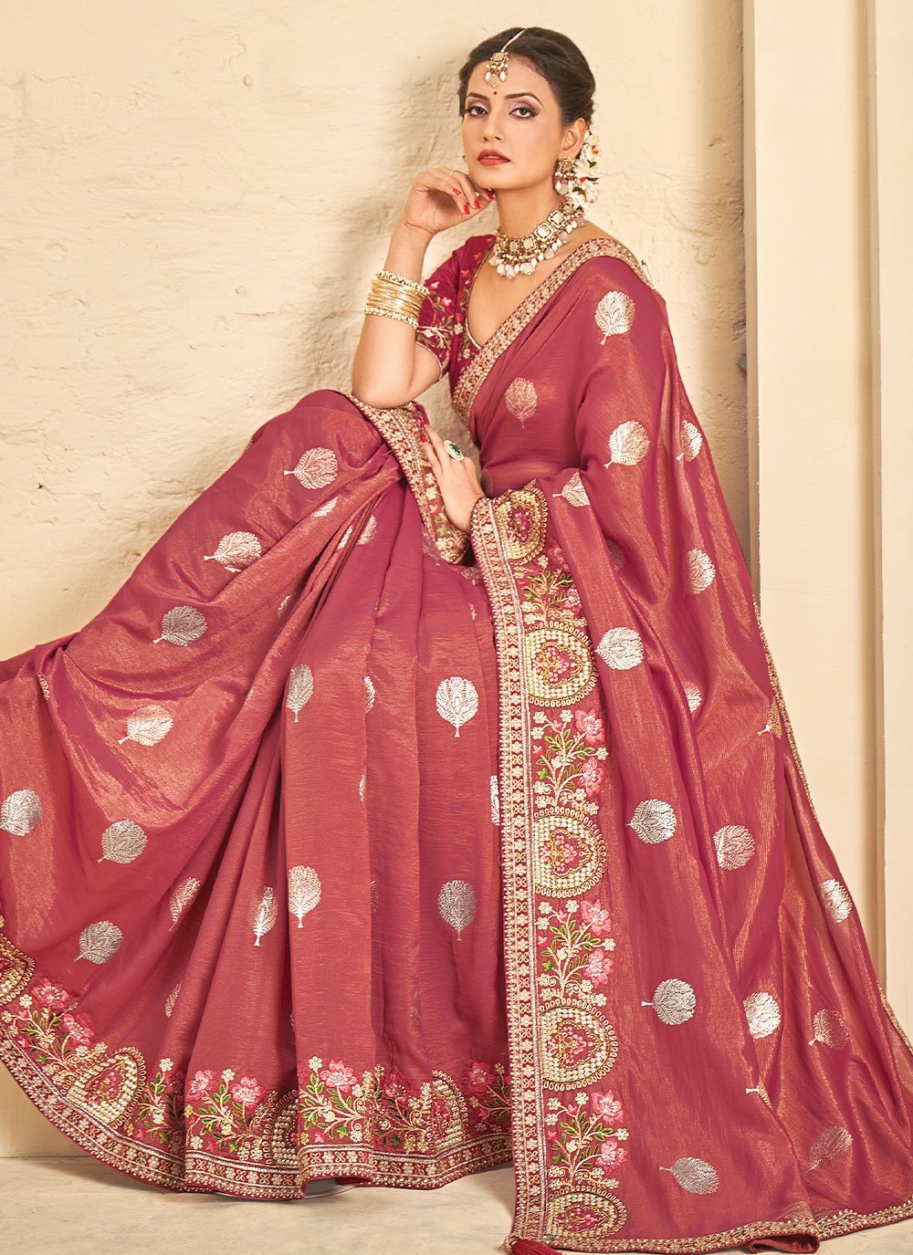 Trendy Saree Khadi Silk Pink Embroidered Saree