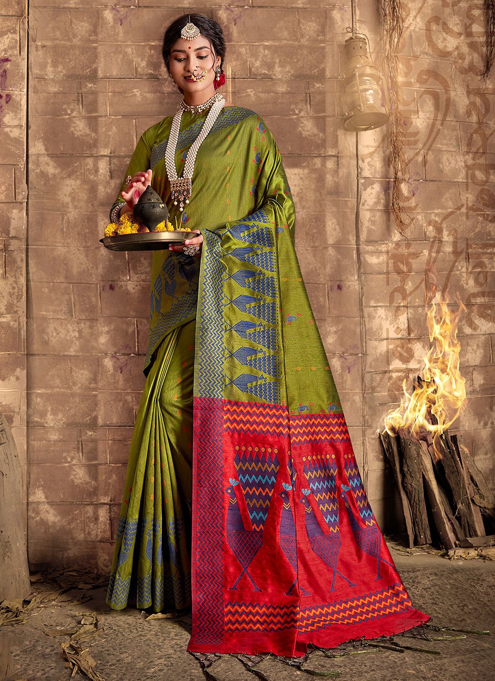 Trendy Saree Khadi Silk Green Weaving Saree